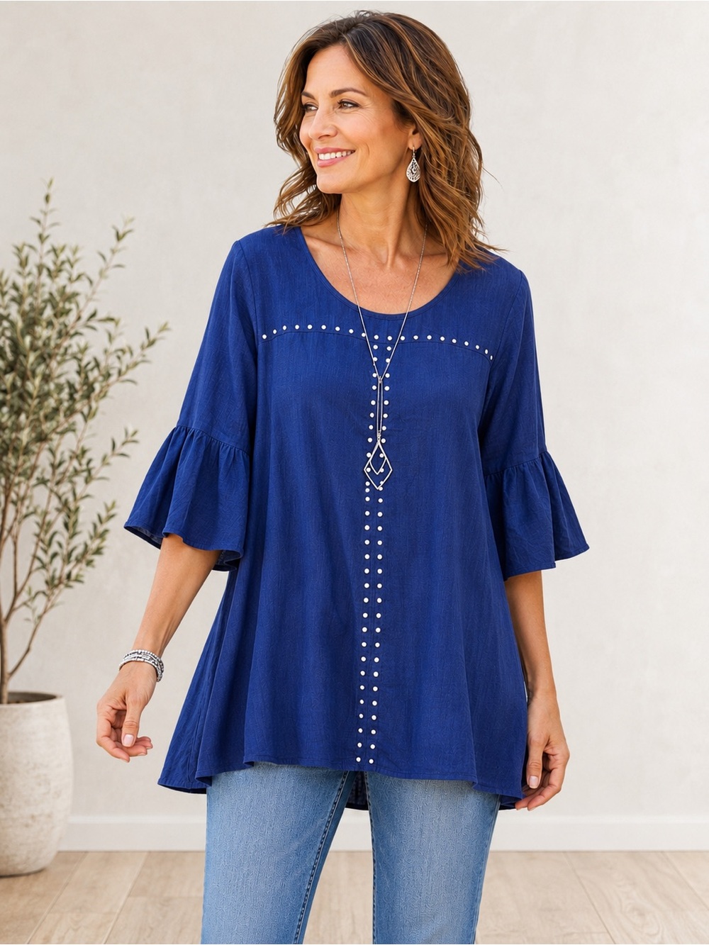 Naif Women’s Size S Blue Studded Tunic Top Bell Sleeve Casual Boho Blouse